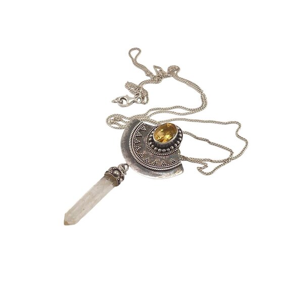 Sterling Silver Citrine Quartz Crystal Pendant Necklace With Crescent Moon Desig - Picture 6 of 7